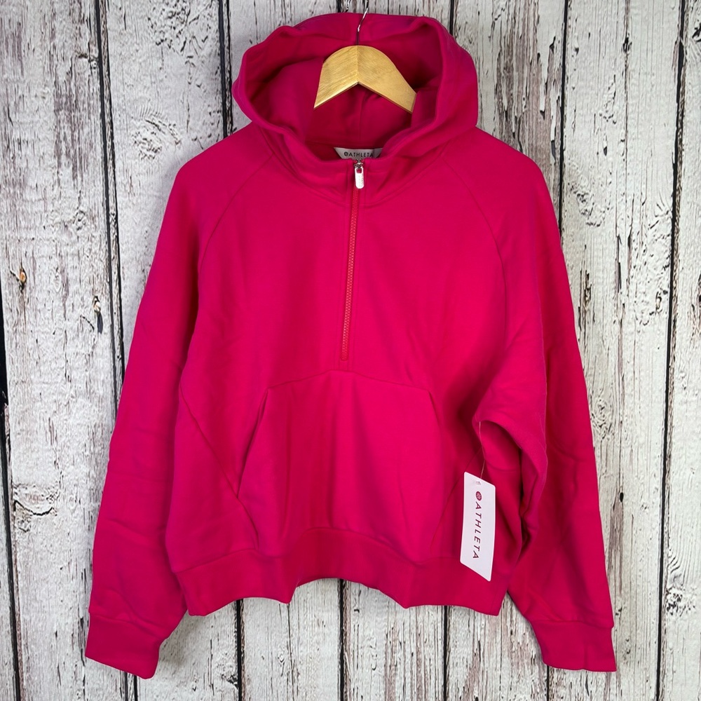 🏷️NWT Athleta Forever Fleece 1/2 Zip Hoodie Sweatshirt Dahlia Pink Large Relaxed